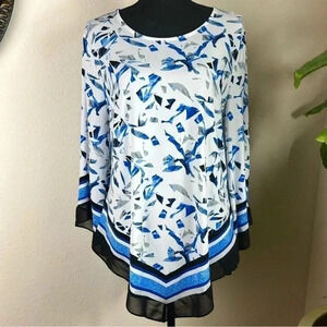ALFANI Women’s White Navy Blue Ocean Blue Gray Abstract Bell Sleeve Tunic Large